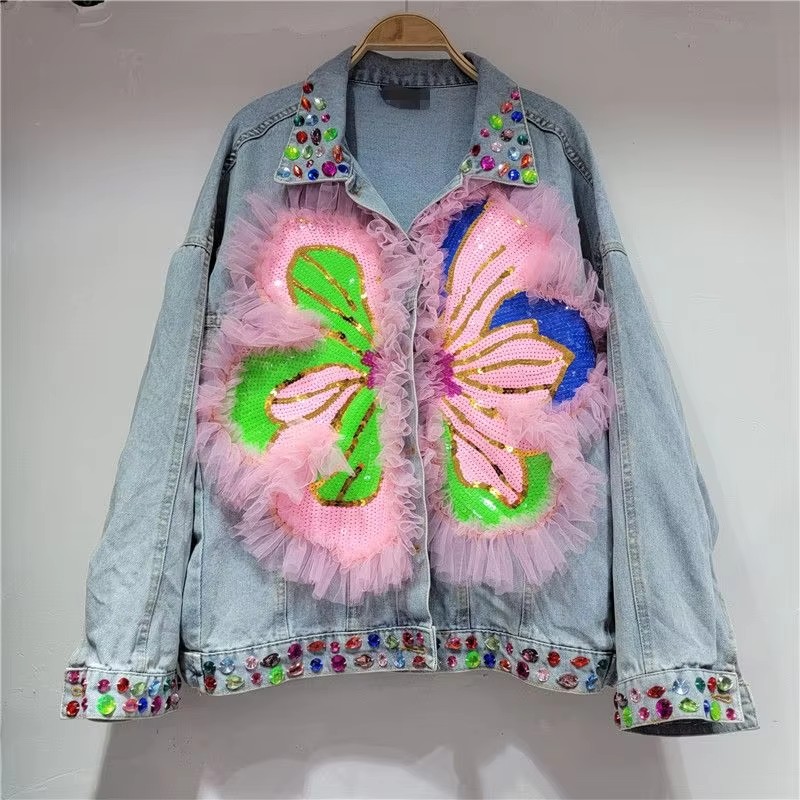 Embroidery Jacket Jeans - 2026 Lente Pailletten Bloem Vrouwen Blauwe
