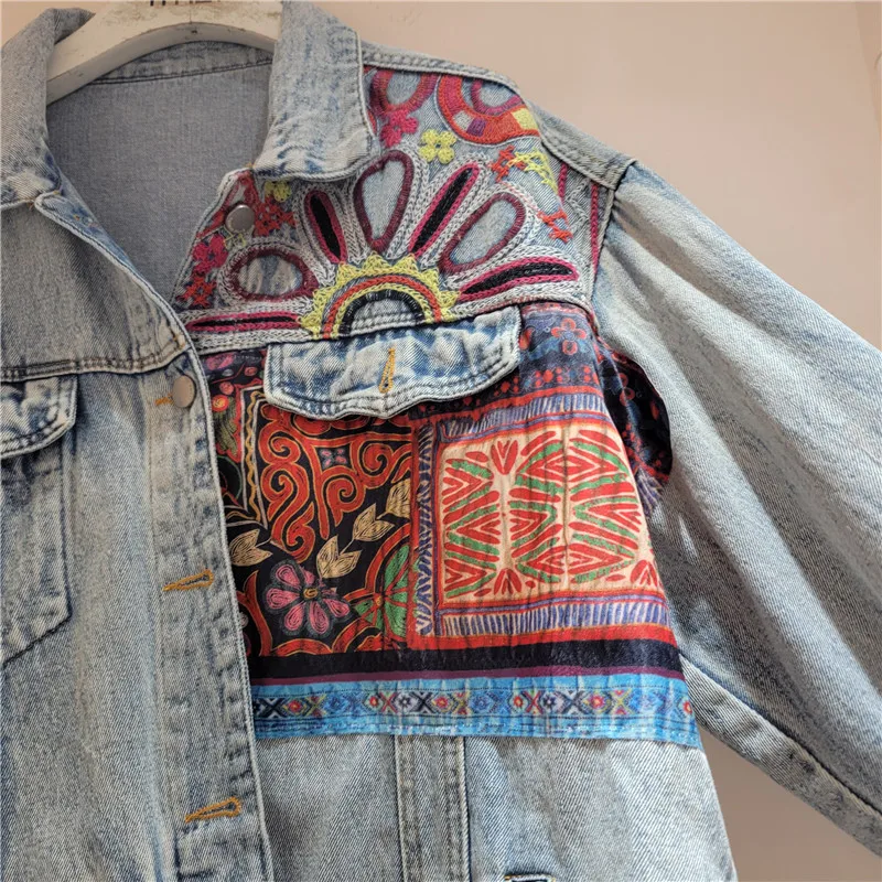 Embroidery Jacket Jeans - Vintage Blauw Borduren Gesplitst Denim Jas