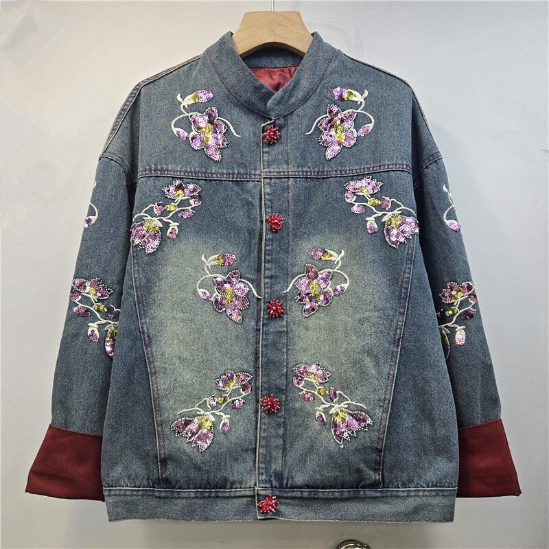 Embroidery Jacket Jeans - Zwaar bewerkte pailletten bloemenborduurwerk contrastkleur denim